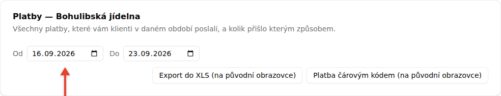 Horní karta obrazovky Platby s poli Od a Do a s tlačítkem Platba čárovým kódem