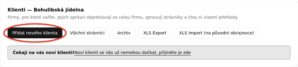 Horní karta seznamu klientů s tlačítky a pruhem o čekajících klientech; zvýrazněné tlačítko Přidat nového klienta