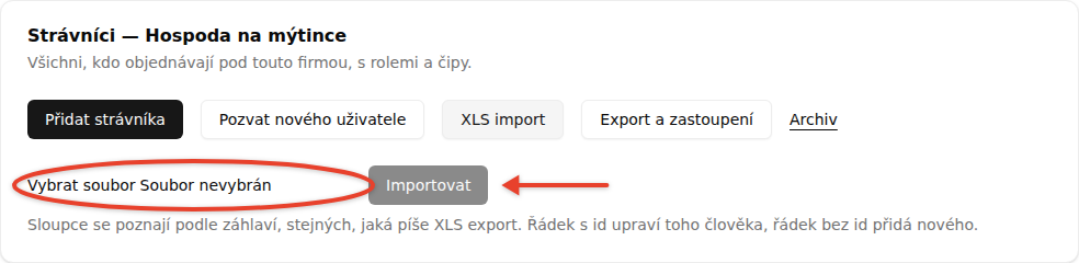 Rozbalený panel XLS importu s vyznačeným polem pro výběr souboru a tlačítkem Importovat