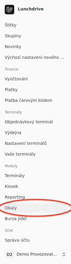 Levý panel nového vzhledu: zvýrazněná položka Obaly ve skupině Moduly