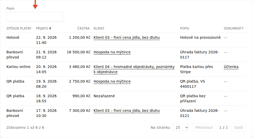 Tabulka přijatých plateb se sloupci Způsob platby, Přijato, Částka, Klient, Popis a Dokumenty